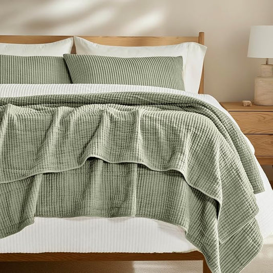 EVERGRACEHOME Cotton Ribbed Matelassé Coverlet Set, Queen, Light Sage Green | Soft Lightweight Bedspread, 3 Pieces, Breathable Cozy Oversized Quilted Bedding Set for All Seasons, with 2 Pillow Shams