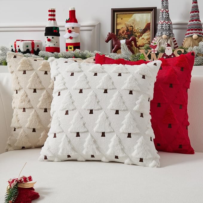 UGASA Christmas Decorative Pillow Covers 16x16 Inch Soft Plush Faux Fur Jacquard Throw Pillows Pillowcases for Couch Sofa Holiday Festivals Winter Home Decor Set of 2 Cream