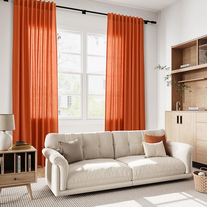 Linen Curtains, Bright Orange, 96 Inch Long | 8ft, For Living Room