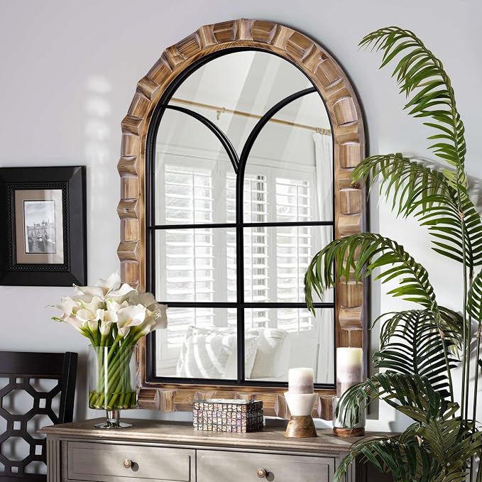36x24 Inch Arched Window Pane Wall Mirror | Rustic Farmhouse Solid Wood Decorative Mirror for for Living Room, Bedroom, Entryway & Bathroom