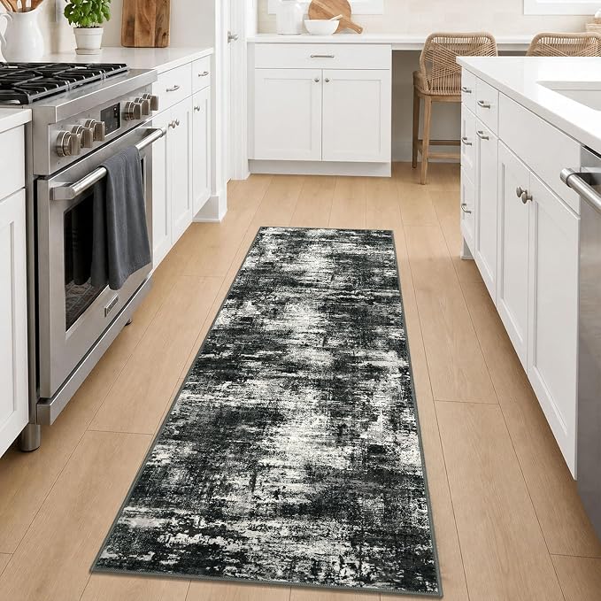 Lansny Abstract Washable 2x7 Runner Rug Runners for Hallways Non Slip | Charcoal Black;Thin Printed Faux Wool Entryway Runner Indoor;Hallway Runner Rug;7ft Floor Carpet Runners;Bedroom Runners