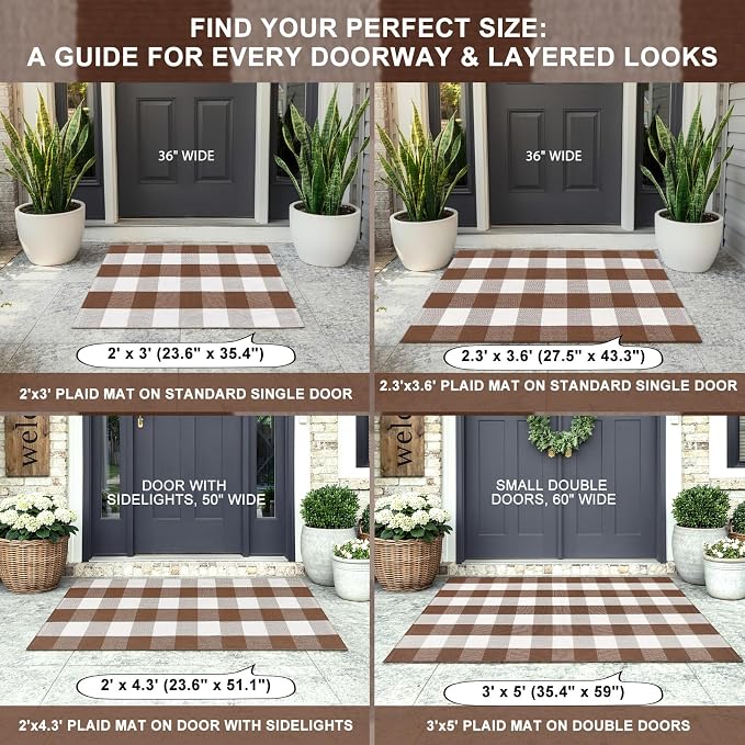 LEEVAN Fall Buffalo Plaid Outdoor Rugs 3x5, Brown and White Porch Rug | Washable Woven Welcome Layered Modern Farmhouse Checkered Entryway Door Mat for Kitchen Bathroom Fall Front Door