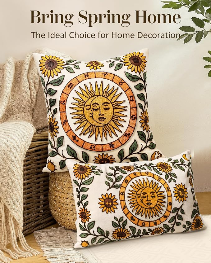 Embroidered Lumbar Pillow Cover 20x12 Inch, Sunflower Moon | Decorative Throw Pillow Cover, Farmhouse Boho Cushion Case with Hidden Zipper, Autumn Decor for Couch, Sofa, Living Room