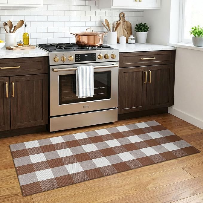 KOZYFLY Buffalo Plaid Area Rugs 2x4.3 Ft Brown and White Rug Front Door Mat | Washable Front Door Rug, Woven Cotton Indoor Outdoor Rug, Front Porch Kitchen Entryway Patio Farmhouse Checkered Doormat