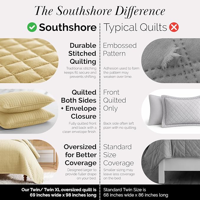 Southshore Fine Living, Inc. Twin Quilt Bedding Set, Soft Brushed Microfiber Coverlet, Stain & Pet Hair Resistant Bedding, Twin/Twin XL Quilt Bedspread Set with Matching Pillow Sham, Gold