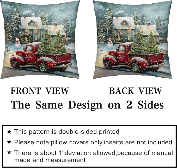 Red Truck Christmas Pillow Covers 18x18 Set of 2 Merry Christmas Pillow Case Xmas Tree Cabin Snowman Cushion Case for Winter Holiday Decorations Couch Bedroom