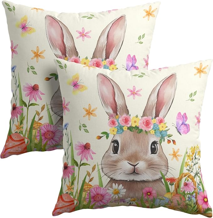 Easter Rabbit Throw Pillow Covers 20x20 Inch Set of 2 Cute Bunny Cotton Linen Square Cushion Case Spring Colorful Floral Easter Theme Decorative Pillowcase for Home Bench Couch Sofa