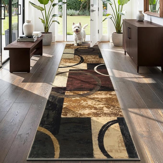 Yamaziot 2x8 Washable Modern Abstract Runner Rug Non-Slip for Hallways | Stain Resistant Kitchen Rug with Rubber Backing, Low Pile, Ultra Soft Carpet Runner for Bedroom, Laundry, Entryway, Brown