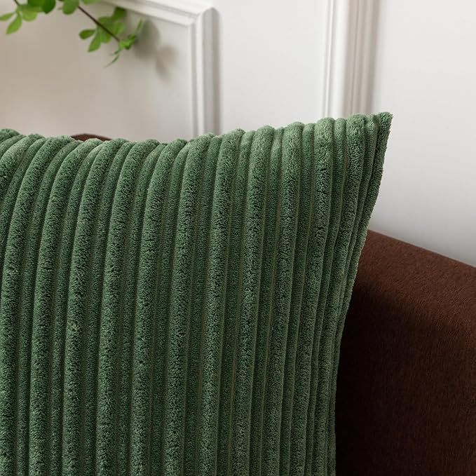 Kevin Textile Striped Corduroy 20”x20” Pillow Covers 2 Pack, Moss Green