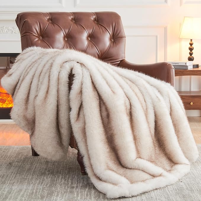 NEWCOSPLAY Faux Fur Thick Twin Blanket for Couch, Beige, 60"x80" | Luxury Fluffy Thick Warm Blanket for Couch Sofa Bed 1000GSM, Soft Plush Cozy Decorative Throw, Gift for Women Men