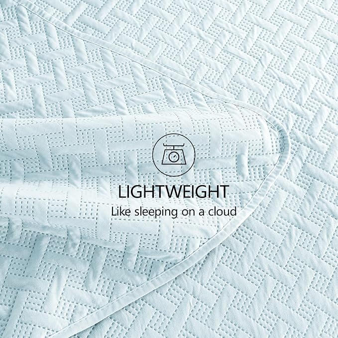 FLYMME Quilts King Size, Lightweight Sky Blue Bedspreads, Basket Weave Pattern,Ultra Soft Microfiber Bed Coverlet 3 Pieces for All-Seasons (1 Quilt, 2 Shams)