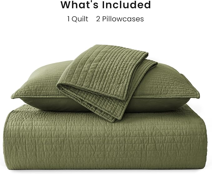 Love's cabin Queen Size Cotton Quilt Set, 100% Cotton Fabric Striped Textured Coverlet with Crinkled Look, Lightweight Quilted Bedspread for All Season, Includes 2 Pillow Shams, Olive Green