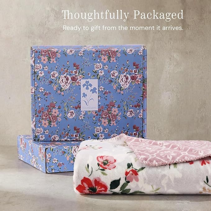 Floral Reversible Throw Blanket for Couch-Coco Flannel Soft Bed Blankets | Luxuriously Warm Fluffy Decor for Women, Mom, Her & Girls, Plush Throw for Sofa, Chair, 60x80in, Pink Rose