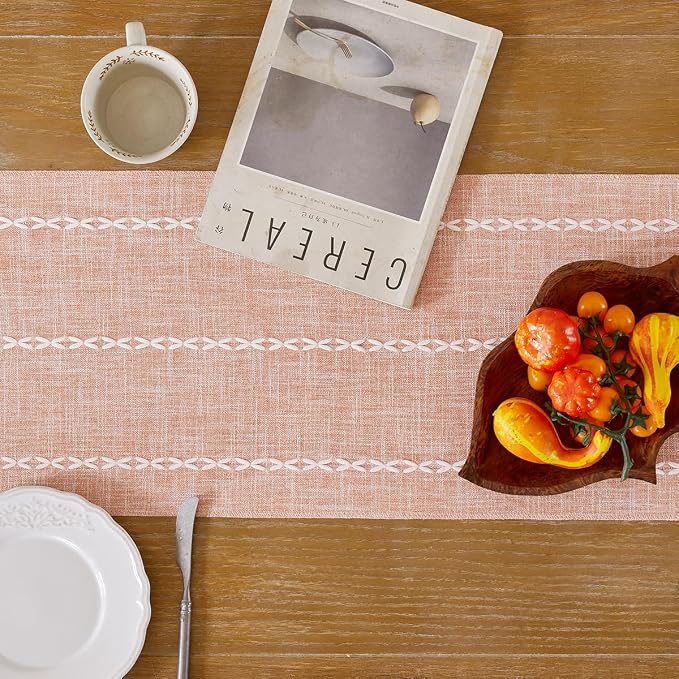 Wracra Rustic Linen Table Runner, Orange Table Runners 60 inches Long | Raised Embroidered Design and Hand-Tassels;Cotton Linen Woven Fabric; Farmhouse Table Runner;Home Kitchen Dining Decor