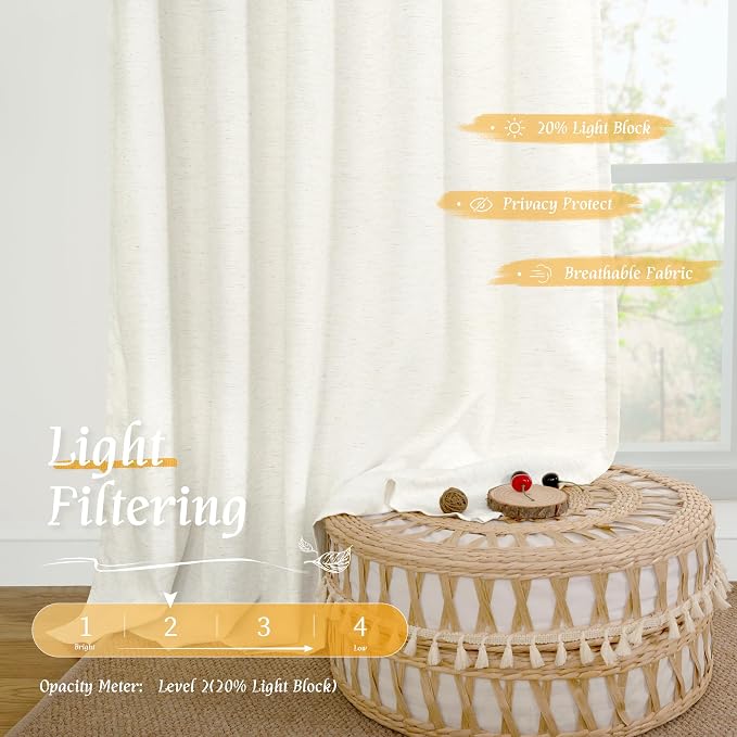 Natural Linen 63 Inch Length Curtains for Living Room, 2 Panels | Light Filtering, Semi Sheer, Linen Textured, Privacy Protected, Curtains for Bedroom, Farmhouse, Rod Pocket, 52 x 63 Inch