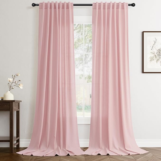 Jowels Pink Linen Curtains 90 Inch Long 2 Panels for Living Room | Light Filtering Semi Sheer Curtain, Back Tab Pocket Pleated Look, Boho Farmhouse Textured Privacy Drapes for Bedroom Window