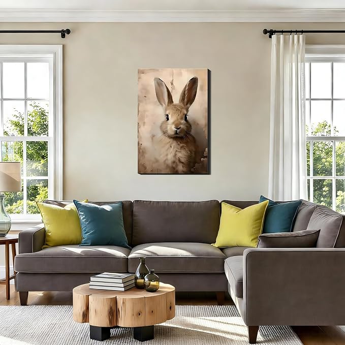 RIBNTAK Brown European Rabbit Portrait Canvas Art 20x30, Vintage Gallery Wrapped Canvas Wall Art, Easter Bunny Prints for Bedroom, Kitchen Rabbit Decor & Home Wall Decoration
