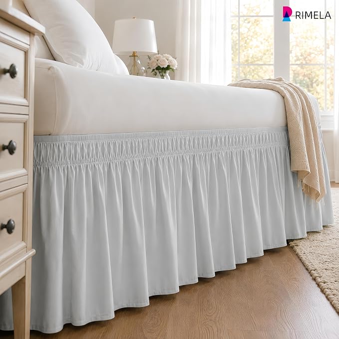 Ice Grey Bed Skirt King Size 15" Drop, Elastic Wrap Around Bedskirt | Solid Ruffled, Easy to Use, No Mattress Lifting, Wrinkle & Fade Resistant, with Adhesive Strips, Machine Wash/Dry/Iron