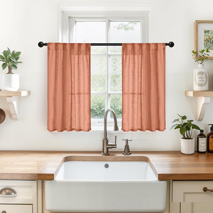 Small Linen Semi Sheer Curtains 24 Inch Long for Cafe Kitchen Window | Burnt Orange Half Drapes with Rod Pocket Back Tab Fall Decor for Bathroom Window Over Sink, 2 Panels, 29 X 24 Inch