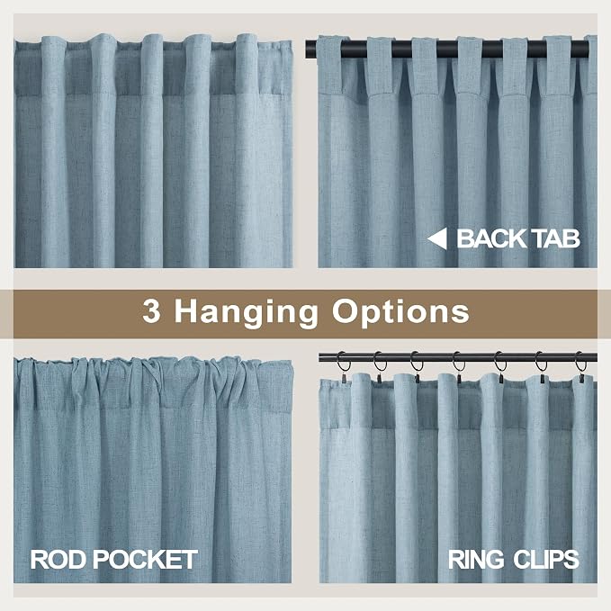Pitalk Blue Curtains 38 Inch Wide for Small Window 2 Panel Set Back Tab Rod Pocket Linen Blend Semi Sheer Cafe Tier Narrow Curtain for Bathroom Kitchen Door Basement Width 38x45 Inch Length Stone Blue