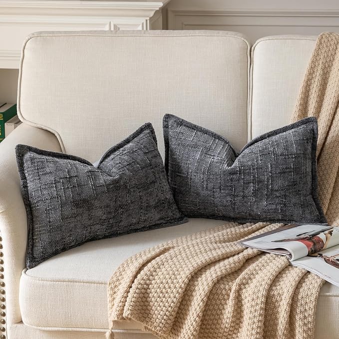 Yaertun Chenille Throw Pillow Covers 16x24 Inch Set of 2 Textured Broadside Soft Cozy Velvet Pillow Covers Modern Farmhouse Boho Decorative Pillow Cases for Couch Bed Sofa Livingroom Dark Gray