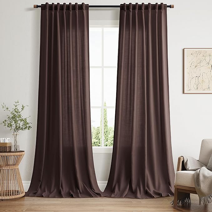 Linen Curtains Semi Sheer Coffee Brown 96 Inches Long 2 Panels Set for Living Room Back Tab Rod Pocket Light Filtering Drape for Bedroom Dinning Room Vintage Rustic Protect Privacy 52x96