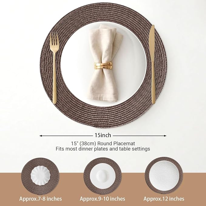 FunWheat Round Braided Placemats Set of 6 Table Mats for Dining Tables Woven Washable Non-Slip Place mats 15 inch (Brown, 6pcs)