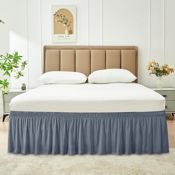Wrap Around Bed Skirt King Size 14 Inch Drop-Elastic Dust Ruffle Dark Grey | Adjustable Pleated Bedskirt-Easy Fit Wrinkle Resistant Washable Hotel Quality Fabric Bed Skirting-Master Guest Bedroom Rental