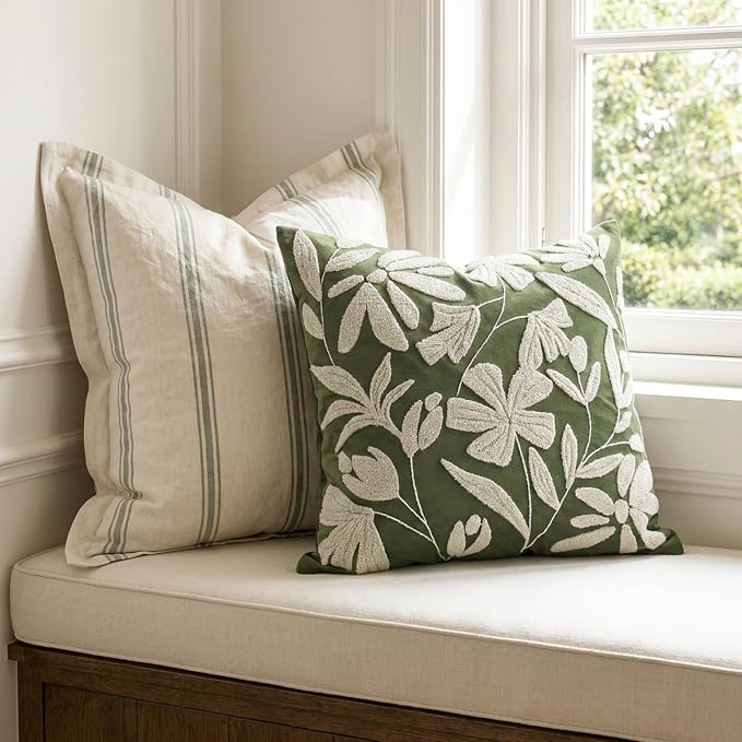 BlissBlush Decorative Throw Pillow Cover 20x20 Inch, Olive Green Floral Tufted Velvet Accent Pillow Case for Sofa Bed Living Room, Cover Only