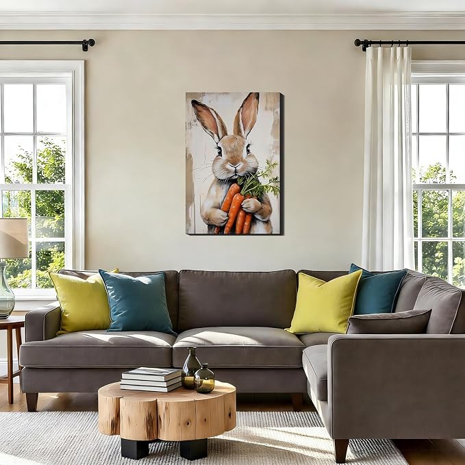 RIBNTAK Large Easter Bunny Carrot Canvas Wall Art 20x30, Framed Cute Rabbit Prints Picture for Living Room, Rustic Farmhouse Spring Wall Decor, Kids Room Holiday Easter Decoration