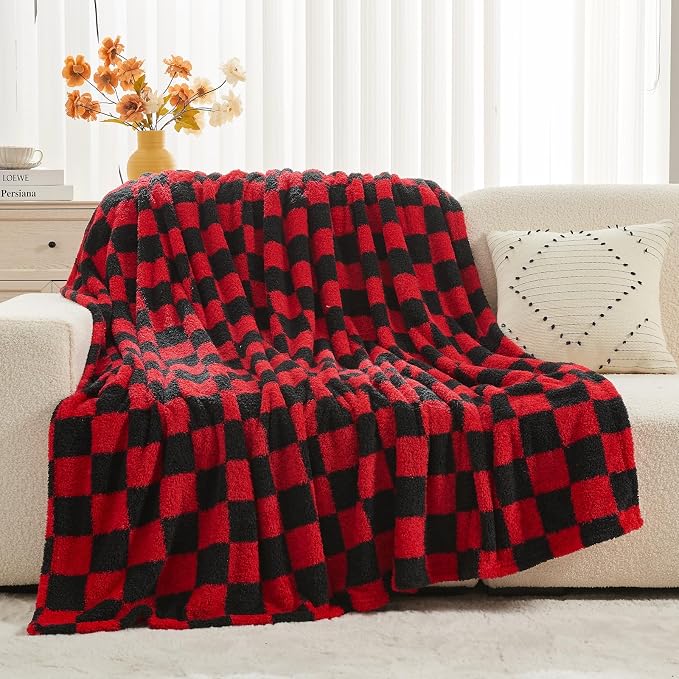 NEWCOSPLAY Knitted Throw Blanket for Couch Sofa Bed, Red Black, 50"x60" | Super Soft Plush, Fuzzy Fluffy Microfiber, Lightweight Cozy Blanket for Room Decor, All Season Use