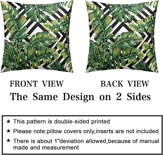 Tropical Green Banana Leaf Throw Pillow Covers Black and White with Stripe Pillowcase Square Decorative Cushion Cases Cotton Blend Outdoor Decor 20x20 in 2 Pcs for Beach Sofa Bed