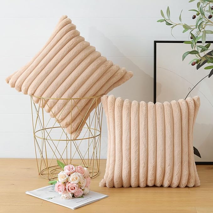 Soleebee Set of 2 Throw Pillow Covers Soft Cozy Velvet Pillowcase Faux Rabbit Fur Cover for Couch Sofa Bed Chair Home Decorative Pillows Cover (18x18 Inch, Camel)
