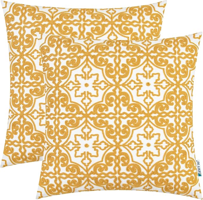 HWY 50 Mustard Yellow Decorative Throw Pillow Covers 18x18 Inch, Pack of 2 Embroidered Cotton Farmhouse Cushion Cover Pillow Case for Sofa Couch Living Room Bed Bedroon, Modern Pattern