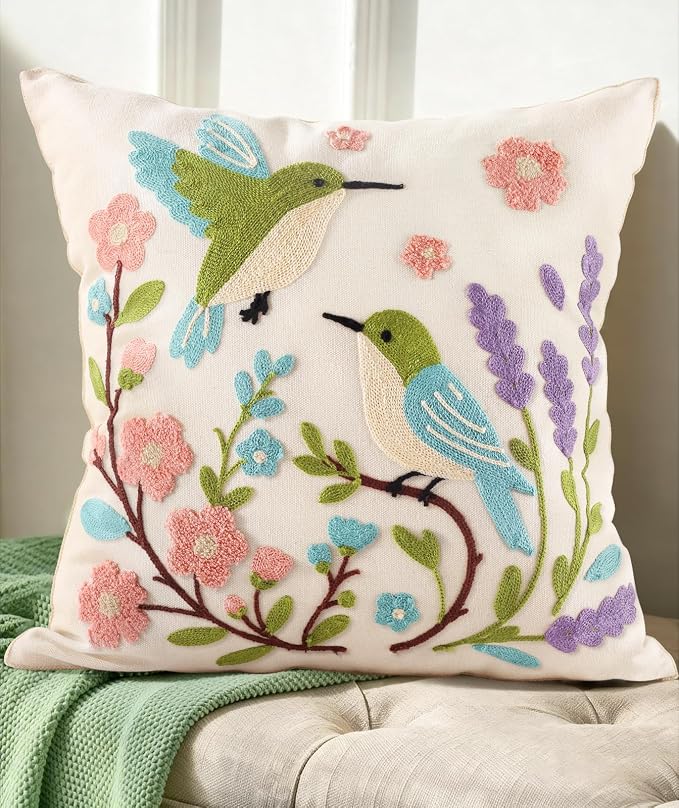 Spring Pillow Cover 18x18 Inch – Embroidered Summer Throw Pillow Cover Flowers Birds Farmhouse Decorative Cushion Case with Hidden Zipper Decoration for Couch, Sofa, Living Room(1 Pack)
