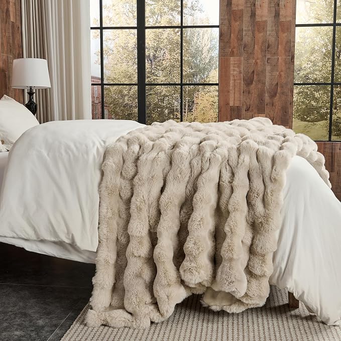 Lotus Karen Faux Fur Throw Blanket Linen - 800 GSM Bubble Rabbit Fluff Blanket for Couch Bed Sofa,Softest Fluffy Fuzzy Cozy Blanket,Thick Furry Plush Shaggy Warm Blankets for Women,108x90 Inches
