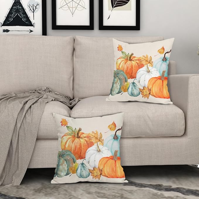 Kawani Fall Pillow Covers 24x24 Set of 2 Watercolor Pumpkin Maple Leaf Throw Pillow Covers Autumn Thanksgiving Farmhouse Outdoor Pillowcases Cotton Linen Cushion Covers for Couch Decor