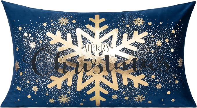 All Smiles Navy Bule Gold Christmas Decorations Throw Pillow Covers Cases 12X20 Set of 2 Winter Xmas Indoor Home Holiday Décor Ornaments Velvet Navidad Cushion for Sofa Tree Snowflake Reindeer