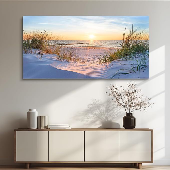 MHARTK66 Wall Decor for Living Room Large Canvas Wall Art for Bedroom Modern Office Pictures Blue Sun Beach Grass Ocean Landscape Paintings Canvas Art Prints Home Decorations