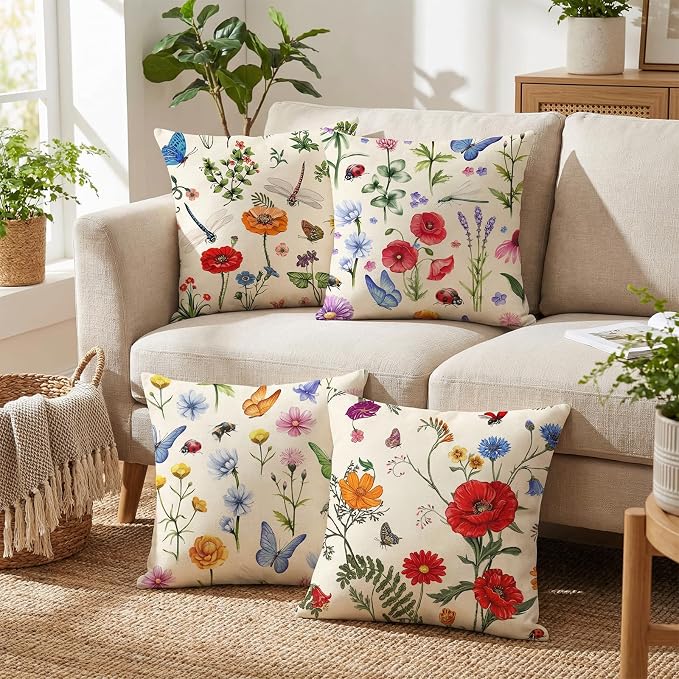 ONFAON Spring Pillow Covers 18x18,Spring Summer Garden Flowers Farmhouse Decor Outside Furniture Bench Chair Decorative Cushion Cases for Swing Deep Seat Bed Couch Sofa Set of 4