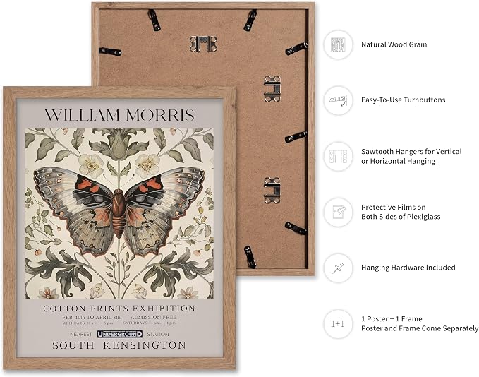 Poster Master William Morris Poster - Butterfly Print - Moth Illustration - Botanical Art - Flower Art - Exhibition Illustration - Animal Illustration - Floral Painting - Aesthetic Office or Bedroom Decor - 8x10 Beige Framed