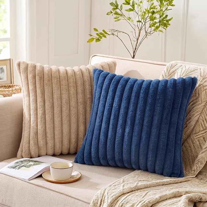 Pack of 2 Throw Pillow Covers 20x12 Decorative Solid Plush Faux Fur with Soft Velvet Back, Square Striped Cushion Cases Modern Farmhouse Home Decor for Living Room Couch Sofa Bed Navy Blue