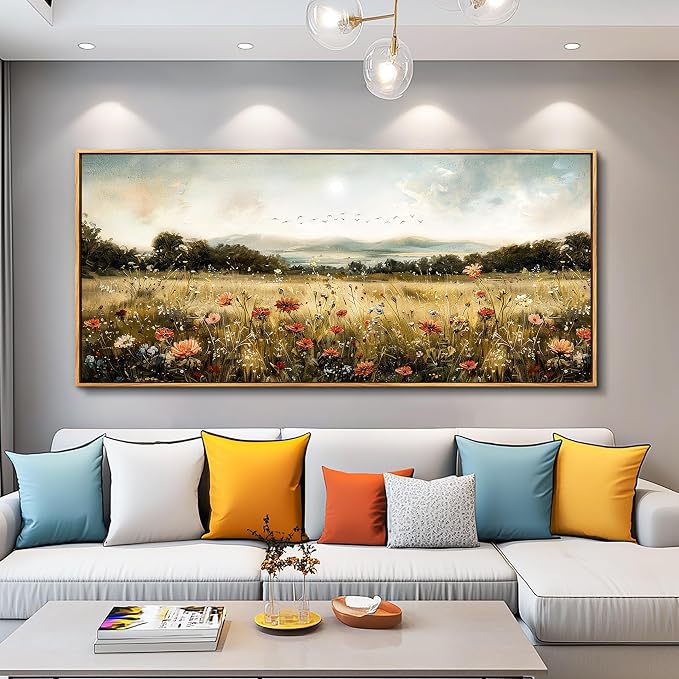 KELIYUAN Large Canvas Wall Art For Kitchen Dining Room Vintage Decor, Lawn Paintings With Flowers Wall Decorations Prints Home Office Living Room Bedroom Restaurant Home Decor 32"X72" Wooden Frame