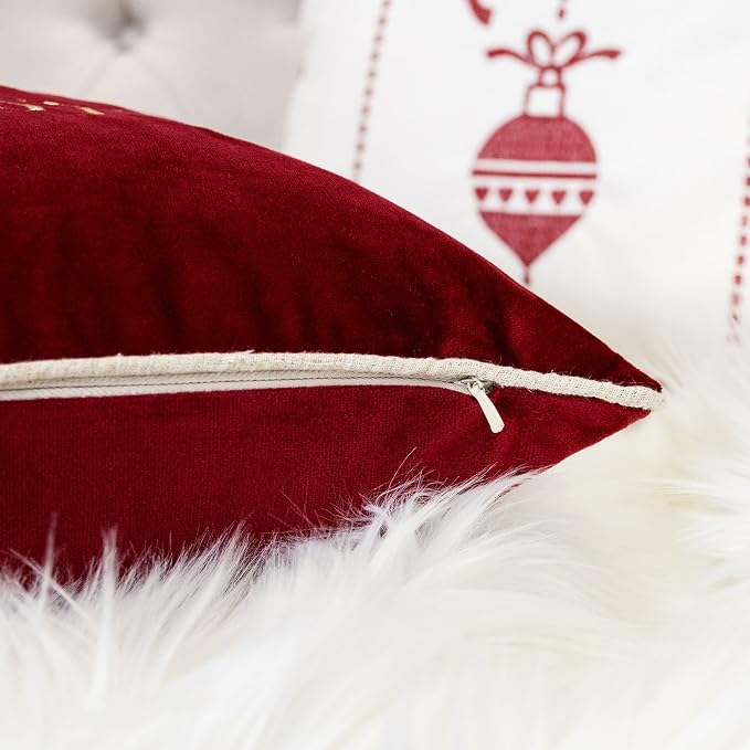 Embroidery Red Velvet Throw Pillow Cover, Merry Christmas Series Santa Claus Sledge Luxury Soft Fuzzy Cozy Warm Slik Gift Square Couch Cushion Pillow Case 20 x 20 Inch, Cover Only