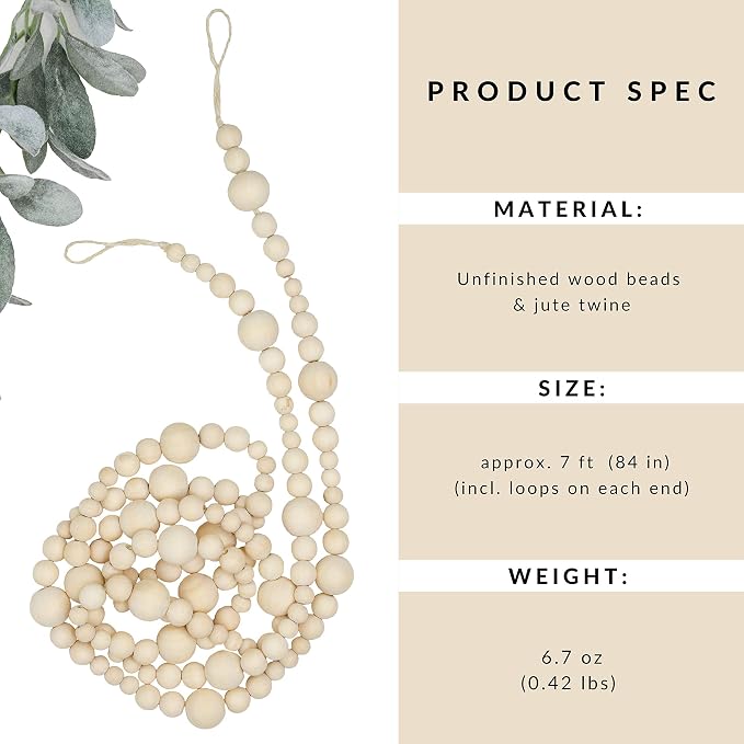 7ft Wood Bead Garland Farmhouse Home Decor Rustic Country Natural Holiday Christmas Tree Boho Decorations Mantel Wall Hanging Prayer Beads