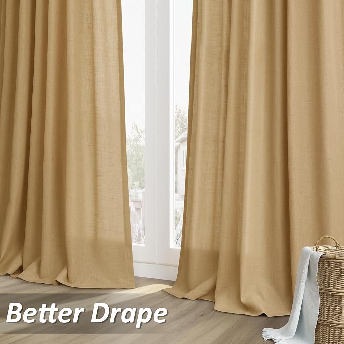 Gold Yellow Linen Curtains 84 Inches Long 2 Panel Set Rod Pocket Semi Sheer Dining Room Cozy Bedroom Decor Cotton Look Country Rustic Farmhouse Boho Curtains 52x84