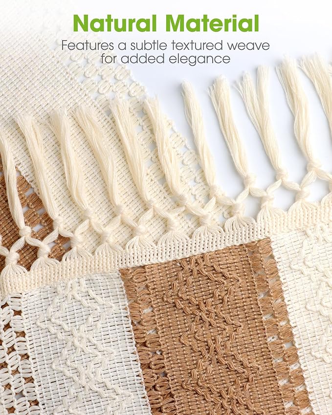 Pureegg Farmhouse Boho Table Runner 12 x 72 Inch, Brown | Dining Table Decor, Kitchen, Coffee Table, Linen Textured, Woven Tassel Table Runner