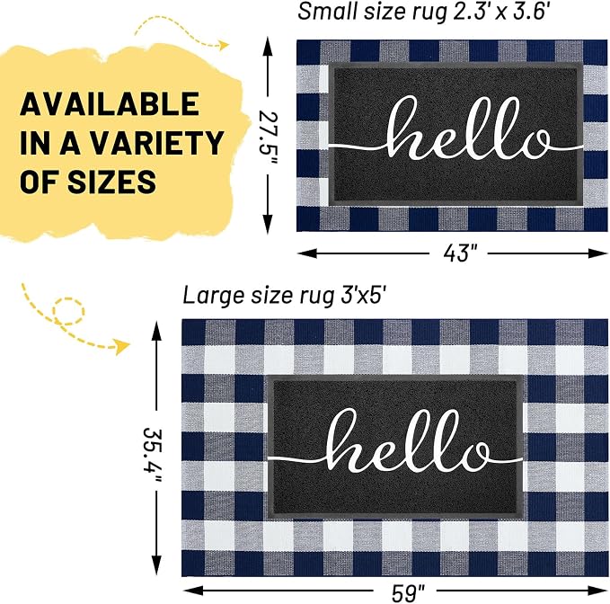 KILOCOCO Buffalo Plaid Checkered Rug 3x5 ft Blue and White Front Door Rug | Machine Washable Front Porch Rug, Outdoor Indoor Entryway Rug, Cotton Layered Doormat, Low Pile Rugs for Kitchen Patio