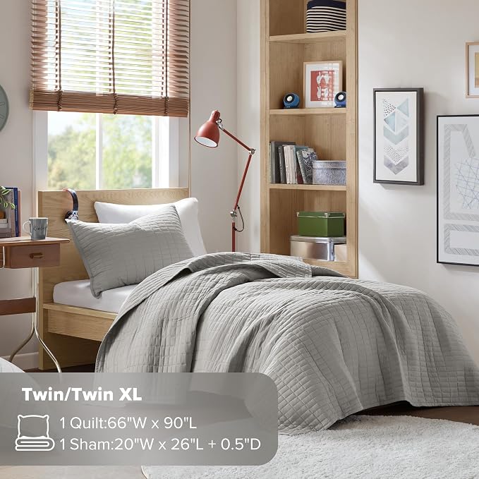 Comfort Spaces Kienna Twin Quilt Bedding Set 2 Piece, 66"x 90" Grey | Soft Cozy Lightweight Summer Twin XL Coverlet for College Dorm, Quilted Extra Layer, Modern Casual Bedroom Decor, OEKO-TEX