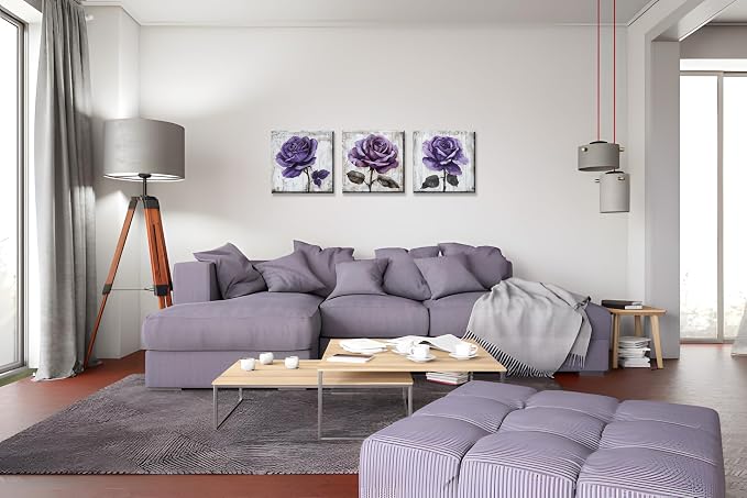 NAN Wind 3Pcs Purple Rose Canvas Prints Wall Art Botanical Floral Art Modern Flower Artwork Ready to Hang Textured Wall Art Print Decorative Wall Hanging for Living Room Bedroom Kitchen